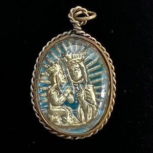 VTG Religious Pendant Oval Mercury Glass Double Sided St. Anne St. Anne Basilica